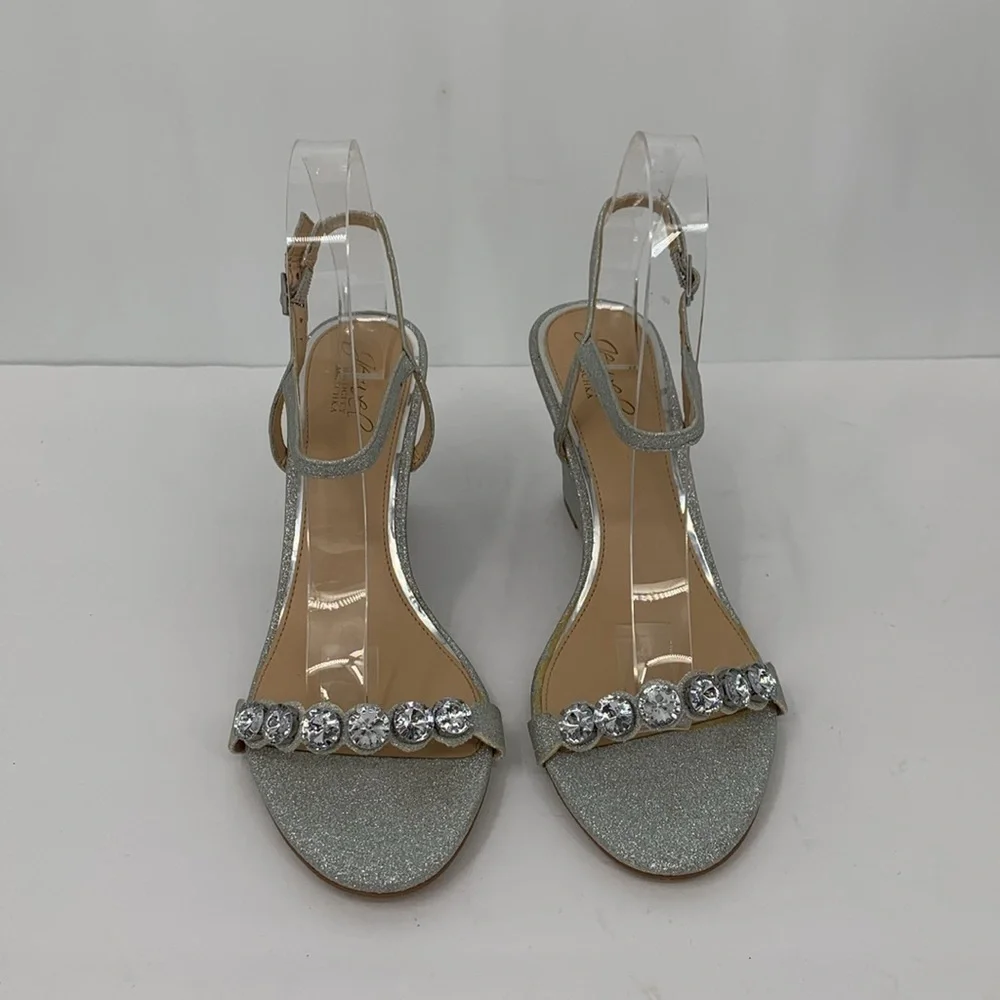 Jewel Badgley Mischka wedge shoe silver metallic glitter clear crystal sandal 11